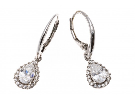 Sterling Silver Pretty Pear Shaped White CZ Halo Drop Earrings