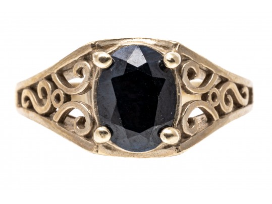 14K And Opaque Sapphite Scrollwork Ring, Size 6.5