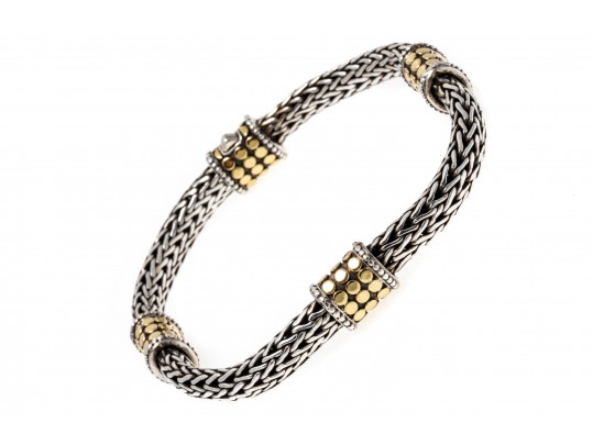 John Hardy Wonderful Classic Sterling Woven Bracelet With 18k Yg Dot Stations