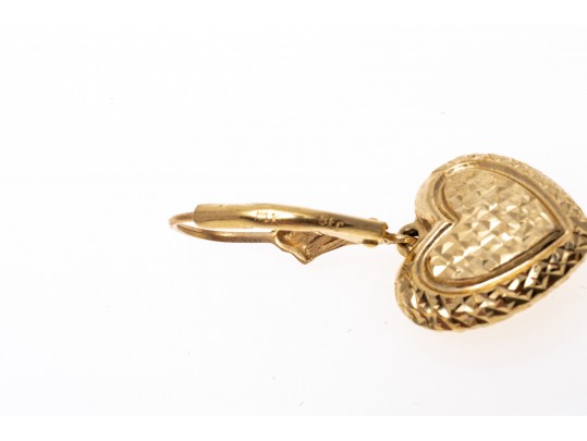 14k Yellow Gold Pretty Diamond Cut Puffed Heart Drop Earrings