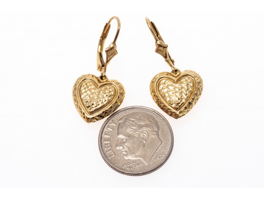 14k Yellow Gold Pretty Diamond Cut Puffed Heart Drop Earrings