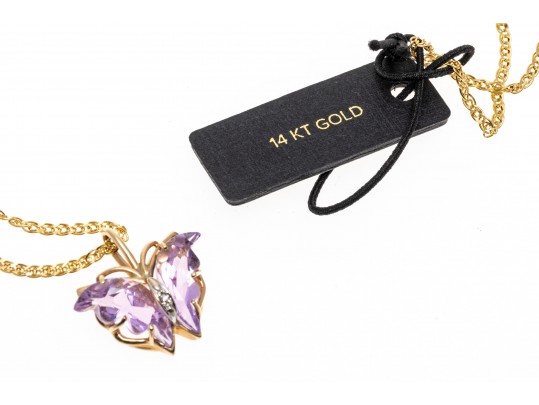 14k Yellow Gold Lovely Amethyst Butterfly Pendant, With Chain