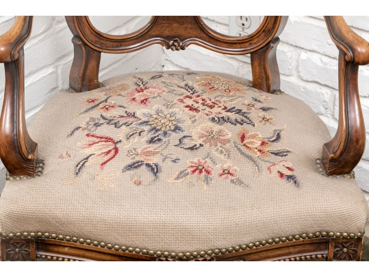 Coordinating Pair Of Vintage Carved Needlepoint Armchairs, His And Hers