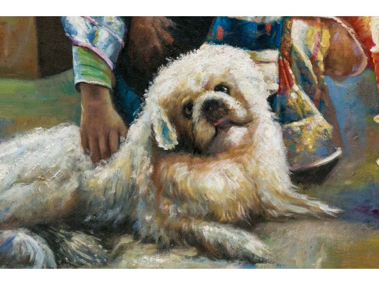 Oil On Canvas Child With Dog Seated By Candlelight Before Asian Screen