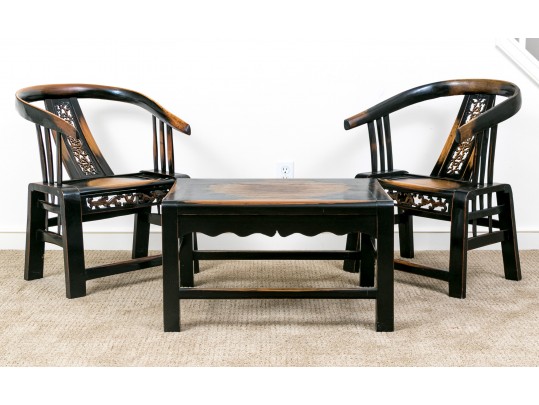 Chinese Ming Style 3pc Horseshoe Chair And Tea Table Set