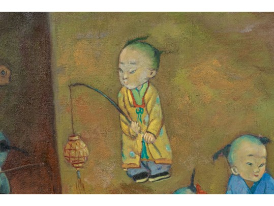 Oil On Canvas Child With Dog Seated By Candlelight Before Asian Screen