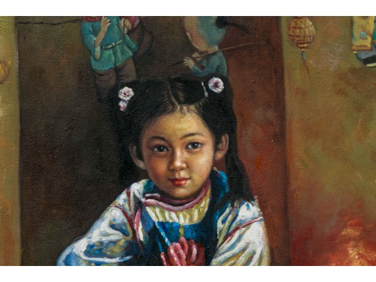 Oil On Canvas Child With Dog Seated By Candlelight Before Asian Screen
