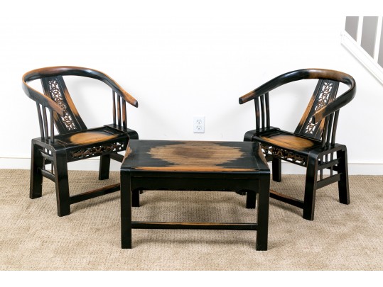 Chinese Ming Style 3pc Horseshoe Chair And Tea Table Set