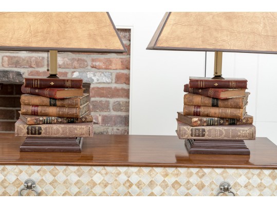 Pair Of Book Lamps With Parchment Shades
