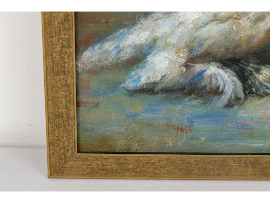 Oil On Canvas Child With Dog Seated By Candlelight Before Asian Screen