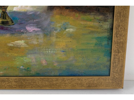 Oil On Canvas Child With Dog Seated By Candlelight Before Asian Screen