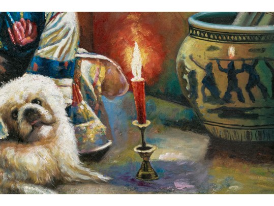 Oil On Canvas Child With Dog Seated By Candlelight Before Asian Screen
