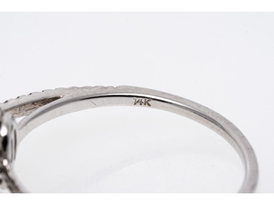 Contemporary 14K White Gold Single Sapphire And Diamond Halo Ring, Size 7.25-