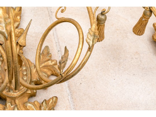 Pair Of Gilt Carved Italian Triple  Light Electrfied Wall Sconces