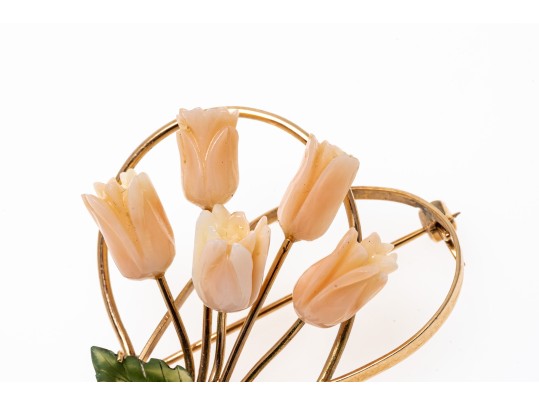 Timeless Carved Coral Floral 18K Brooch