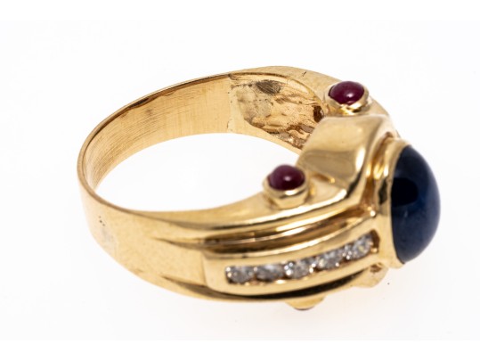 Handsome 14K Sapphire, Diamond And Ruby Set Ring, Size 7.25