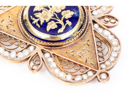 18K Enamel And Seed Pearl Mourning Pendant Necklace