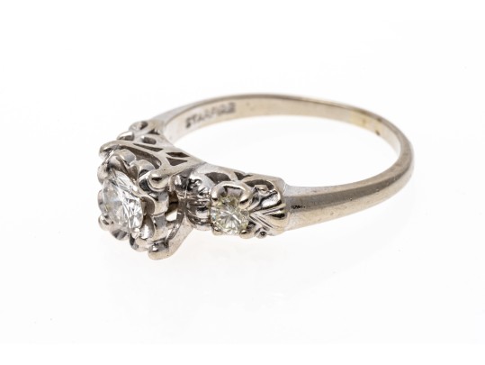 Elegant 14K White Gold And Diamond Ring, Size 7.5+
