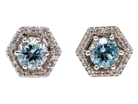 Petite 14K White Gold Aquamarine And Diamond Stud Earrings