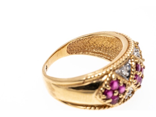 14k Yellow Gold Handsome Ruby And Diamond Argyle Motif Ring, Size 6