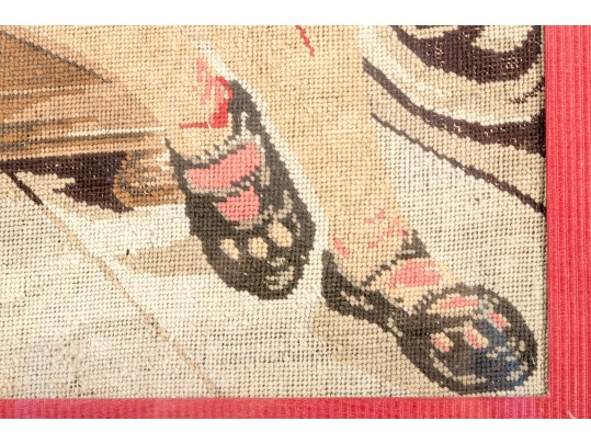 Antique 19th C. Needlepoint, Man And Woman On A Balcony