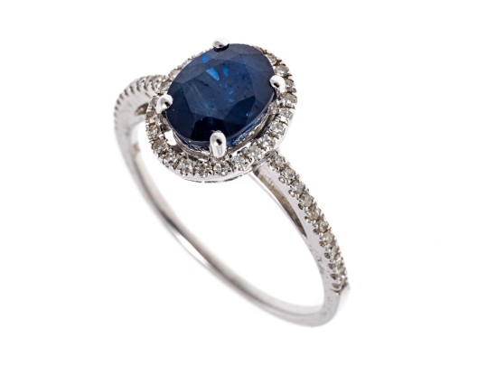 Contemporary 14K White Gold Single Sapphire And Diamond Halo Ring, Size 7.25-
