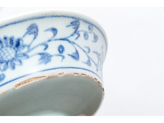 Antique Chinese Underglaze Blue And White Porcelain Footed Dish With Wood Stand