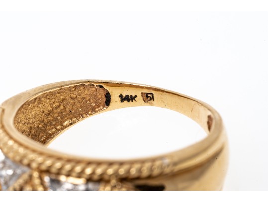 14k Yellow Gold Handsome Ruby And Diamond Argyle Motif Ring, Size 6