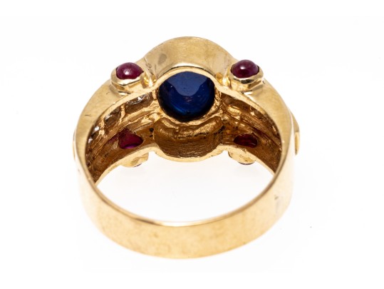 Handsome 14K Sapphire, Diamond And Ruby Set Ring, Size 7.25
