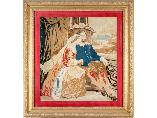 Antique 19th C. Needlepoint, Man And Woman On A Balcony