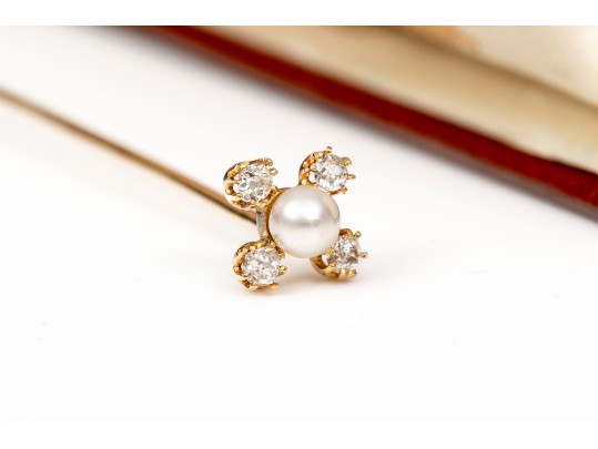 Vintage 18K Diamond And Cultured Pearl Stick Pin