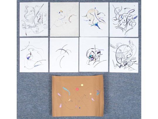 Group Of Nine Mixed Media On Paper Abstract Designs