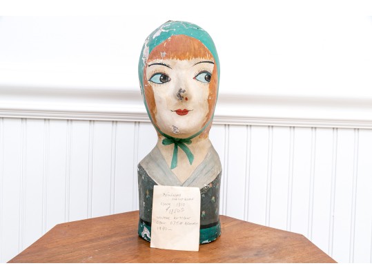 French Painted Papier-mache Milliner's Head, 1810  Painted Bust