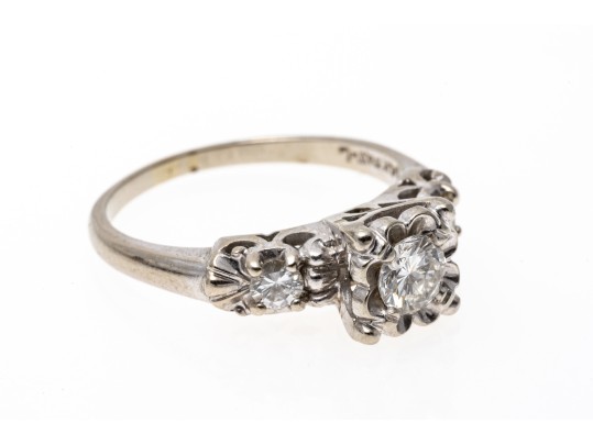 Elegant 14K White Gold And Diamond Ring, Size 7.5+
