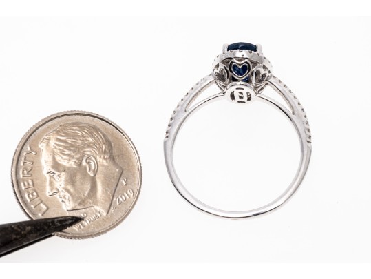 Contemporary 14K White Gold Single Sapphire And Diamond Halo Ring, Size 7.25-