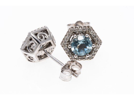 Petite 14K White Gold Aquamarine And Diamond Stud Earrings