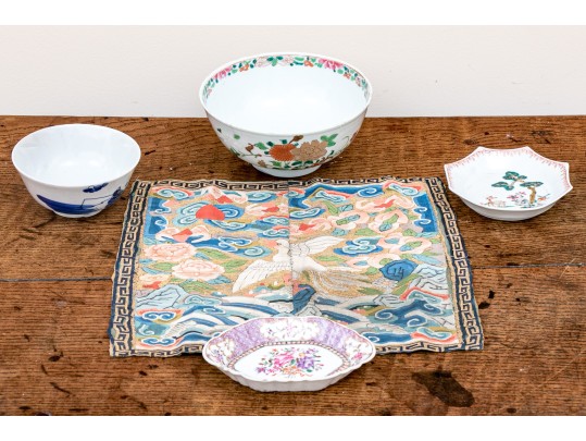 Chinese Porcelain Group & Embroidered Textile