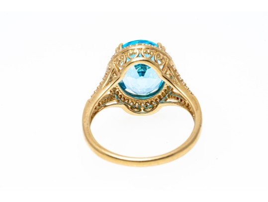 10k Yellow Gold Striking Blue Topaz And Diamond Halo Ring, Size 7