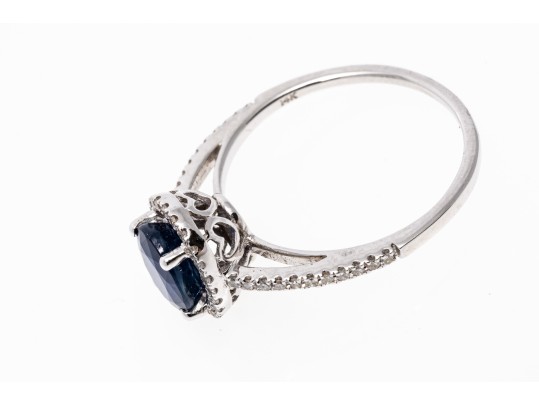 Contemporary 14K White Gold Single Sapphire And Diamond Halo Ring, Size 7.25-
