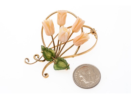 Timeless Carved Coral Floral 18K Brooch