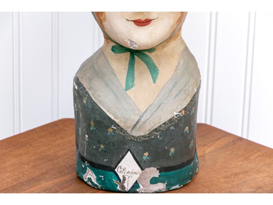French Painted Papier-mache Milliner's Head, 1810  Painted Bust