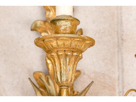 Pair Of Gilt Carved Italian Triple  Light Electrfied Wall Sconces