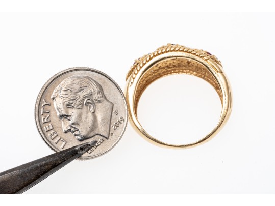 14k Yellow Gold Handsome Ruby And Diamond Argyle Motif Ring, Size 6