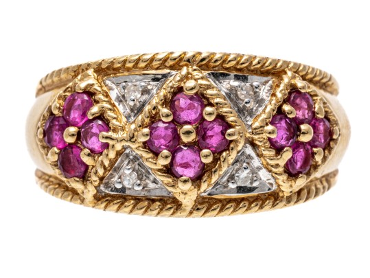 14k Yellow Gold Handsome Ruby And Diamond Argyle Motif Ring, Size 6