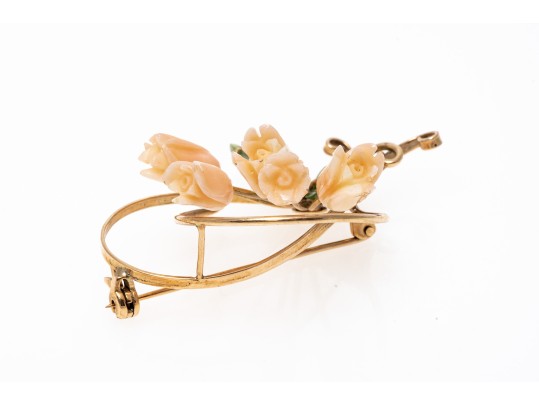 Timeless Carved Coral Floral 18K Brooch