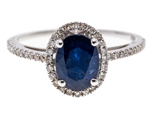 Contemporary 14K White Gold Single Sapphire And Diamond Halo Ring, Size 7.25-