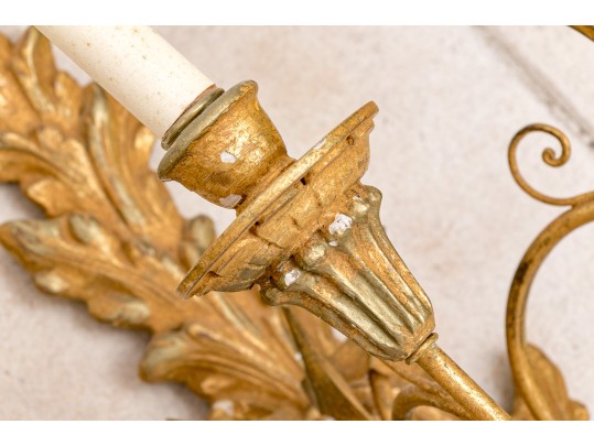 Pair Of Gilt Carved Italian Triple  Light Electrfied Wall Sconces