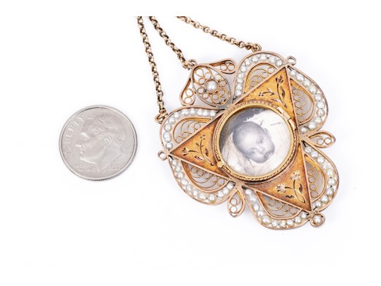 18K Enamel And Seed Pearl Mourning Pendant Necklace