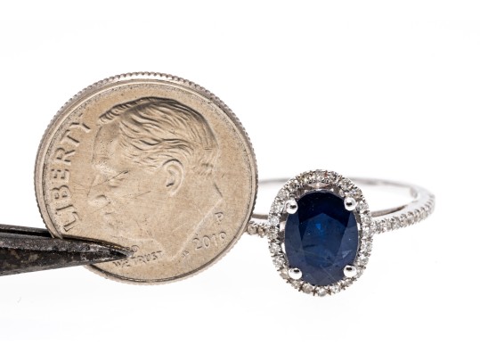 Contemporary 14K White Gold Single Sapphire And Diamond Halo Ring, Size 7.25-