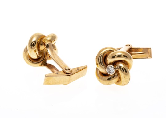 14k Yellow Gold Love Knot Cufflinks Set With Diamonds, 0.16 TCW